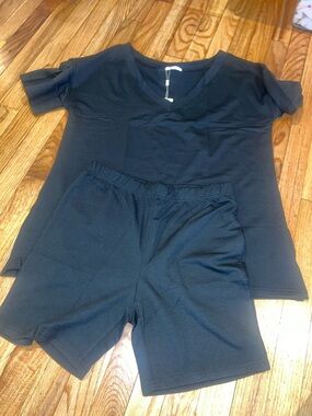 Women's Black Sleep Short Set - Soft V-Neck Top & Elastic Waist Shorts